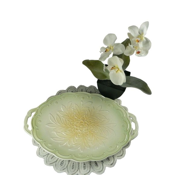 Serving Tray Ceramic Double Handles Embossed Raised Floral Pattern 12.5" - Picture 3 of 11